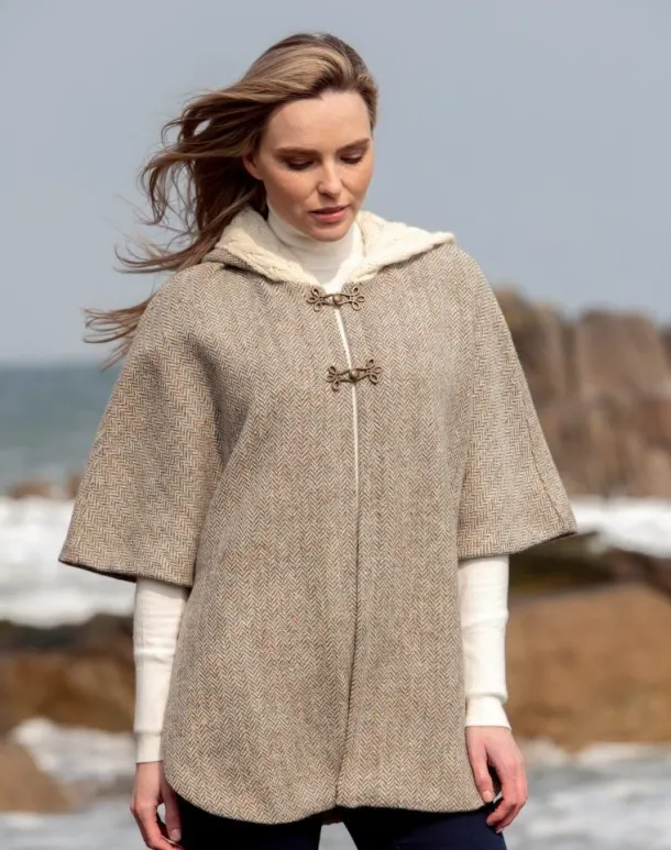 Hooded Tweed Cape - Natural