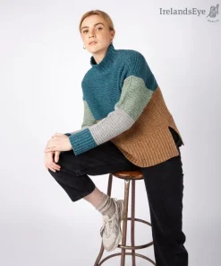 IrelandsEye Knitwear Iris Contrast Panel Funnel Neck Sweater Seaspray Biscuit