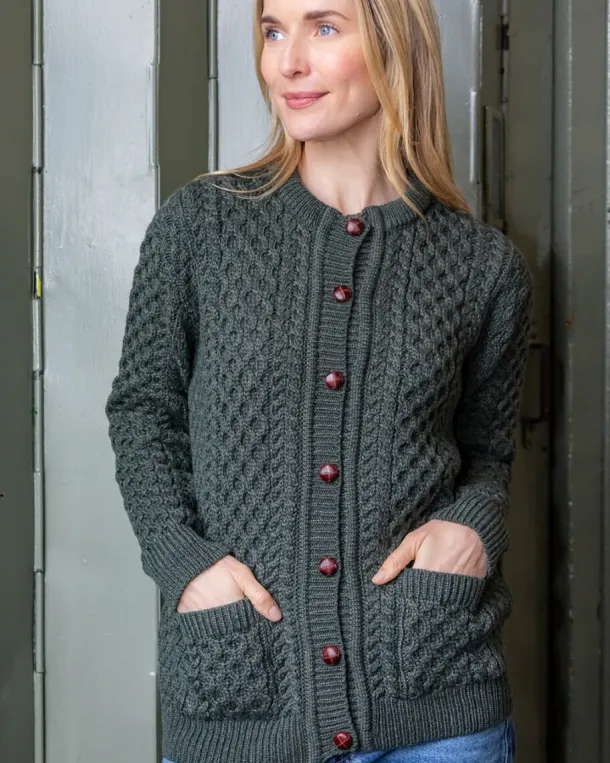 Irish Aran Cardigan Army Green