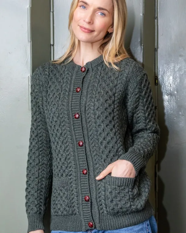 Irish Aran Cardigan Army Green