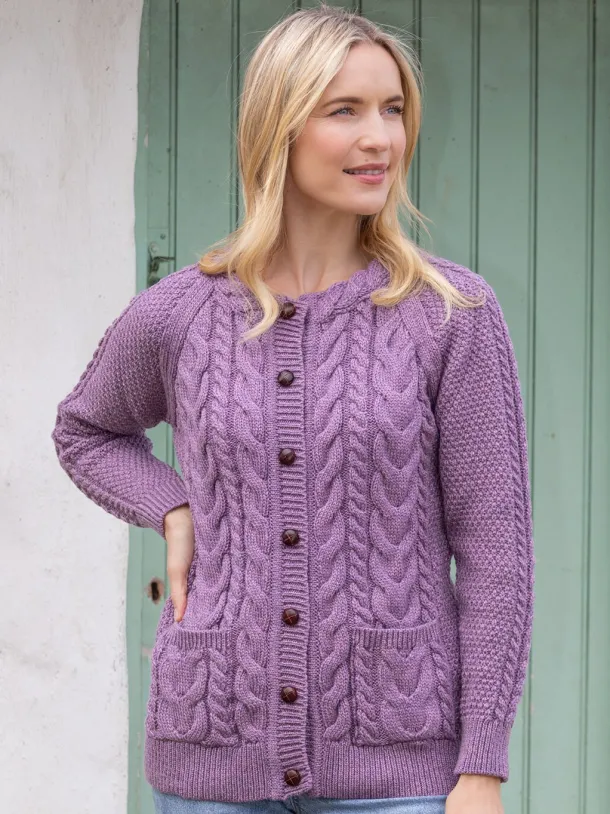 Irish Aran Cardigan Lavender