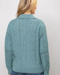 Irish Aran Cardigan with Zip - Aqua