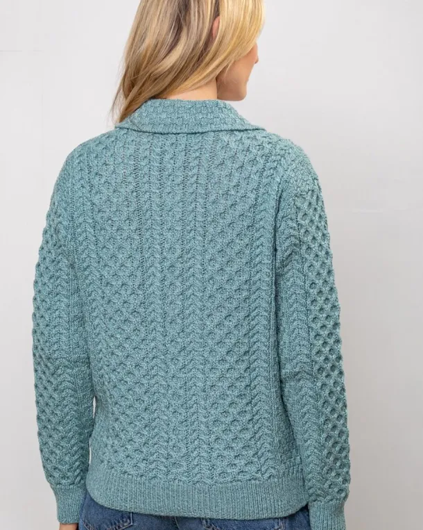 Irish Aran Cardigan with Zip - Aqua