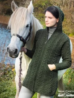 Irish Aran Hooded Coat Army Green