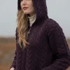 Irish Aran Hooded Coat Damson