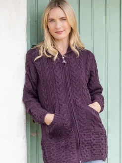 Irish Aran Hooded Coat Damson