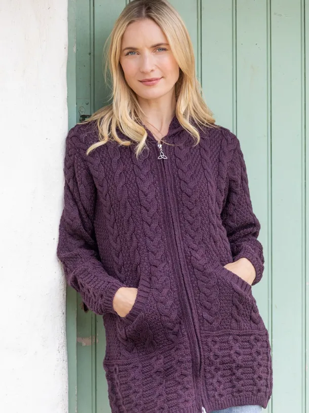 Irish Aran Hooded Coat Damson