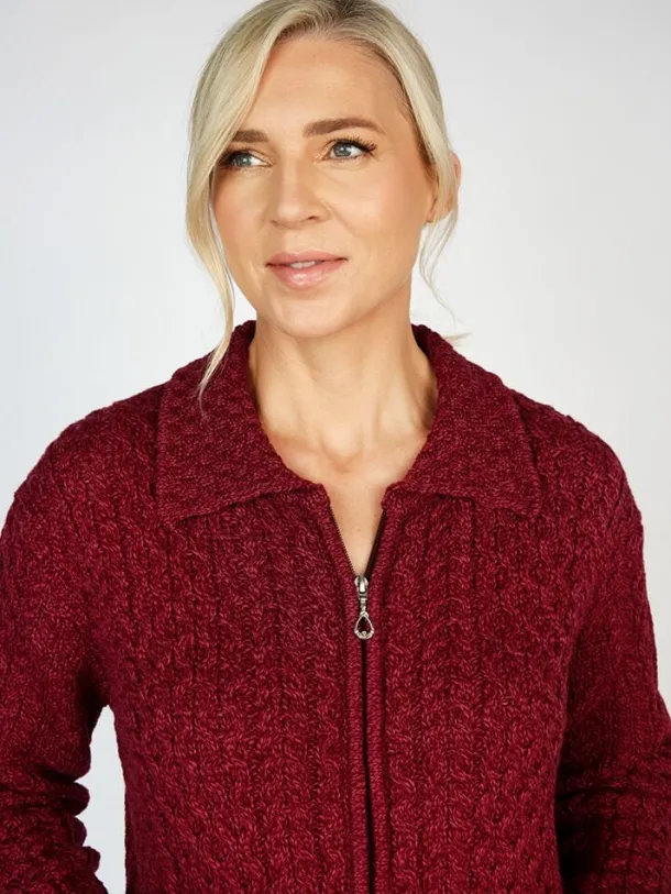 Irish Aran Zip with Collar Raspberry