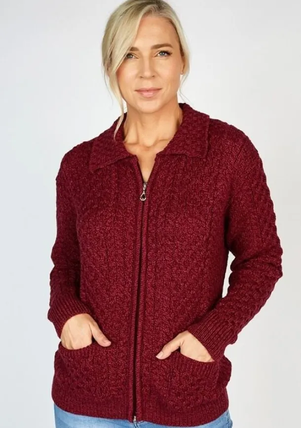 Irish Aran Zip with Collar Raspberry