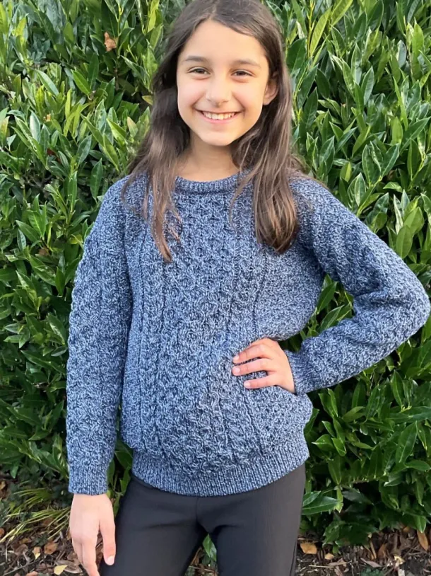 Kids Aran Sweater Merino Wool - Denim Marl