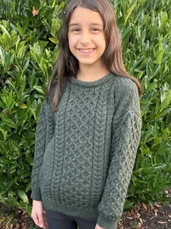 Kids Aran Sweater Merino Wool - Army Green