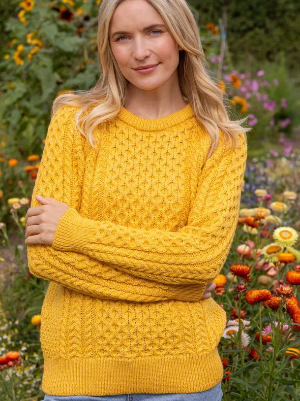 Ladies 100% Merino Wool Aran Sweater Sunshine