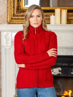 Ladies Aran Turtleneck Zip Cardigan Red