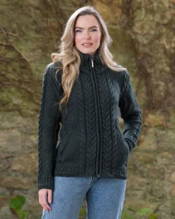 Ladies Aran Turtleneck Zip Cardigan - Army Green
