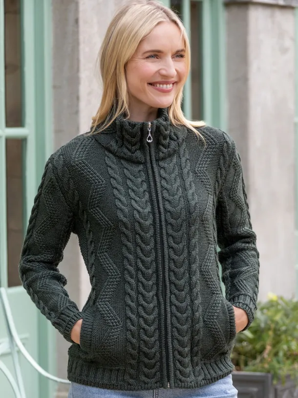 Ladies Aran Turtleneck Zip Cardigan - Army Green