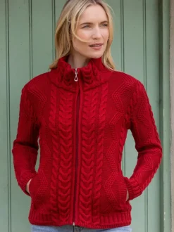 Ladies Aran Turtleneck Zip Cardigan Red