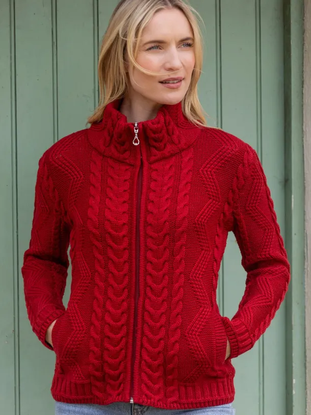 Ladies Aran Turtleneck Zip Cardigan Red