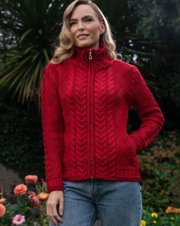 Ladies Aran Turtleneck Zip Cardigan Red