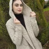 Ladies Herringbone Shawl Collar Hooded Coat Oatmeal