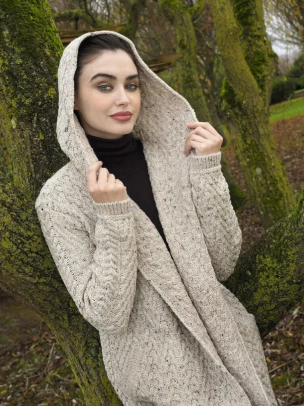Ladies Herringbone Shawl Collar Hooded Coat Oatmeal