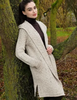 Ladies Herringbone Shawl Collar Hooded Coat Oatmeal