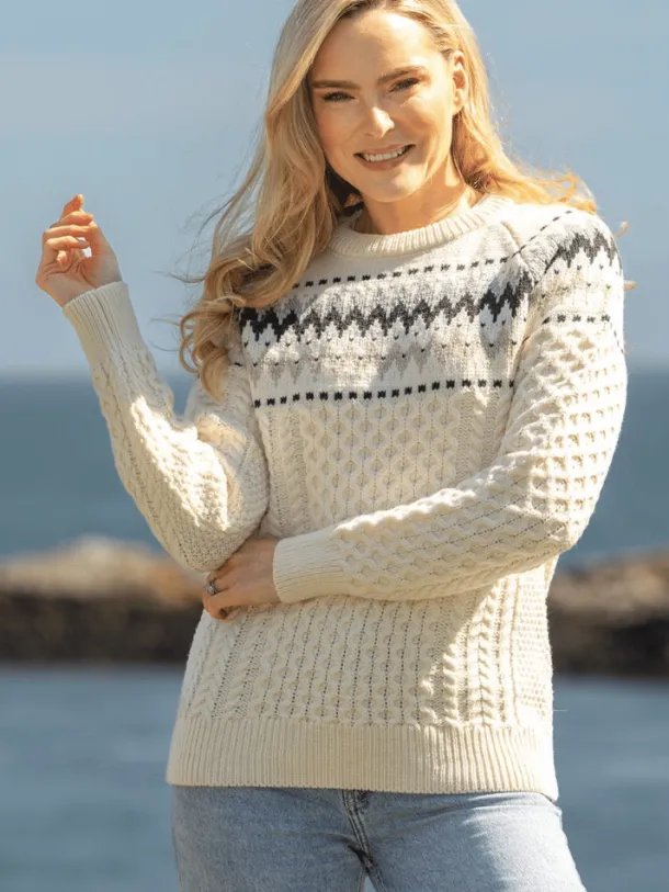 Ladies Merino Wool Fitted Fairisle Sweater Natural