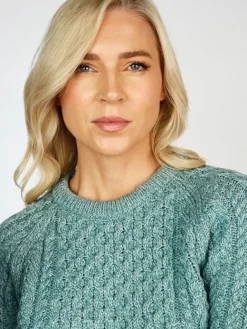 Ladies Merino Wool Fitted Aran Sweater Aqua