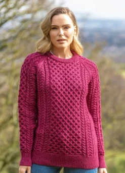 Ladies Merino Wool Fitted Aran Sweater Raspberry