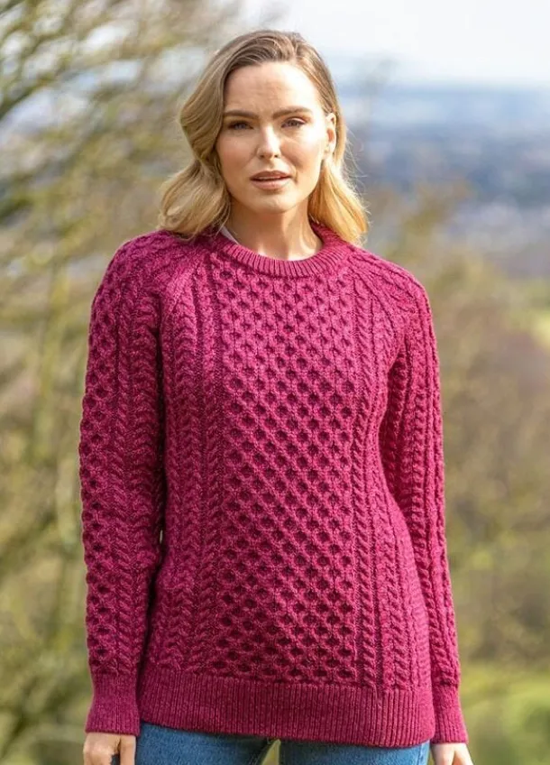 Ladies Merino Wool Fitted Aran Sweater Raspberry