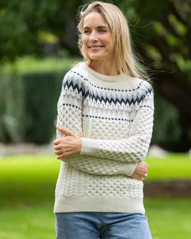 Ladies Merino Wool Fitted Fairisle Sweater Natural