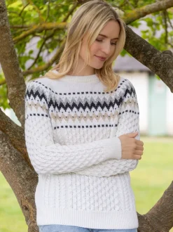 Ladies Merino Wool Fitted Fairisle Sweater Natural