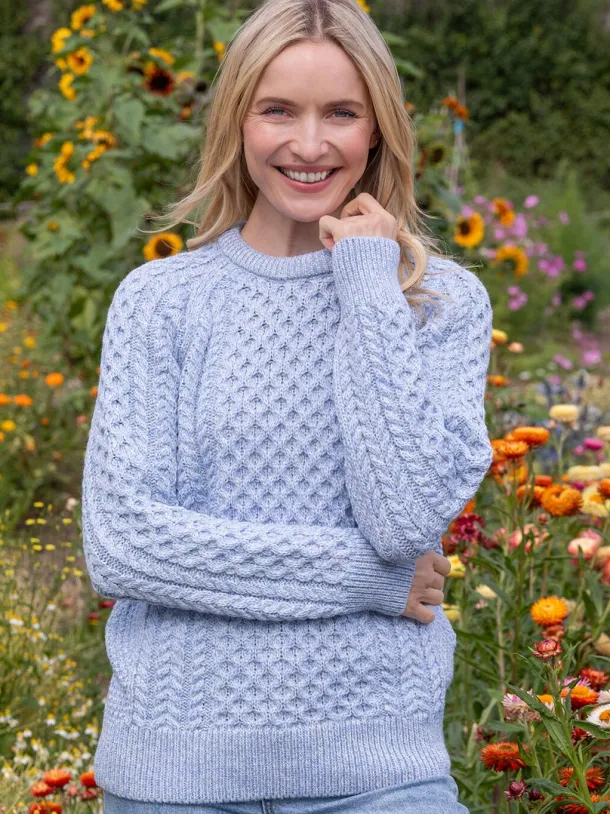 Ladies Merino Wool Fitted Aran Sweater Sky Blue