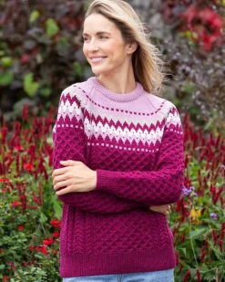 Ladies Merino Wool Fitted Fairisle Sweater Raspberry
