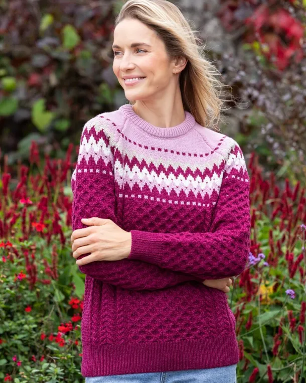 Ladies Merino Wool Fitted Fairisle Sweater Raspberry