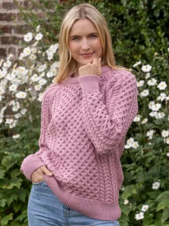 Ladies Merino Wool Fitted Aran Sweater Pink