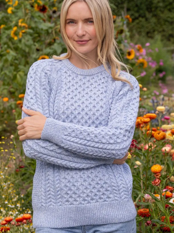 Ladies Merino Wool Fitted Aran Sweater Sky Blue