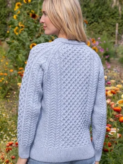 Ladies Merino Wool Fitted Aran Sweater Sky Blue