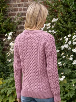 Ladies Merino Wool Fitted Aran Sweater Pink