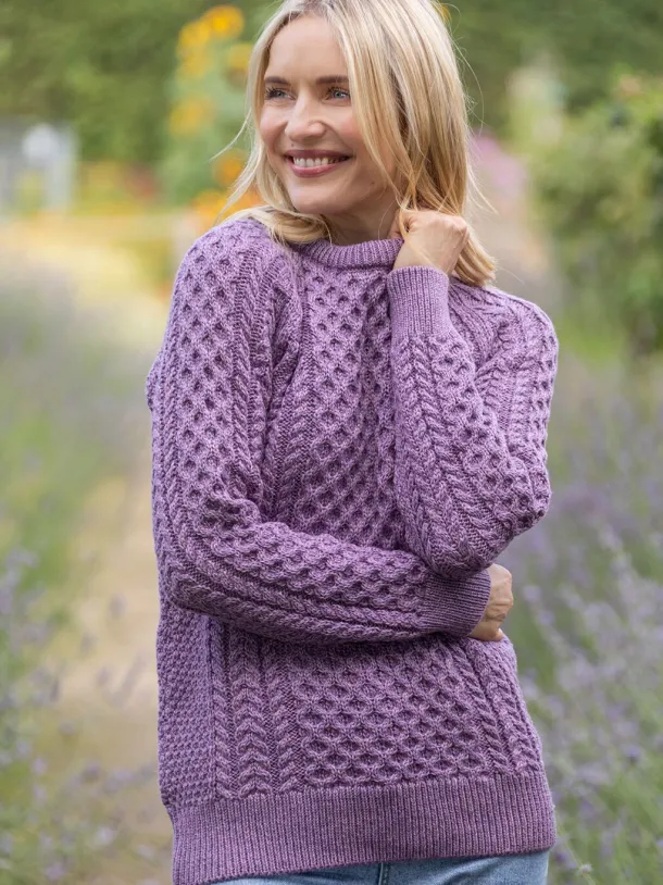 Ladies Merino Wool Fitted Aran Sweater LAVENDER