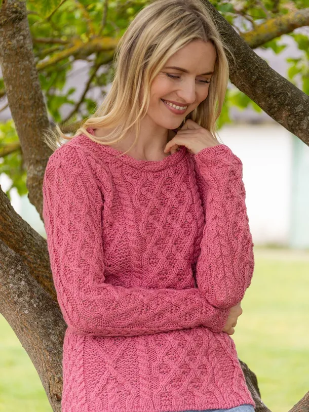 Lambay Lattice Cable Aran Sweater Rosa Pink