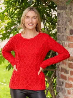 Lambay Lattice Cable Knit Aran Sweater Scarlet