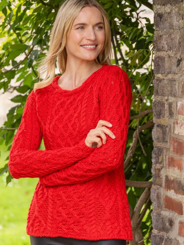 Lambay Lattice Cable Knit Aran Sweater Scarlet