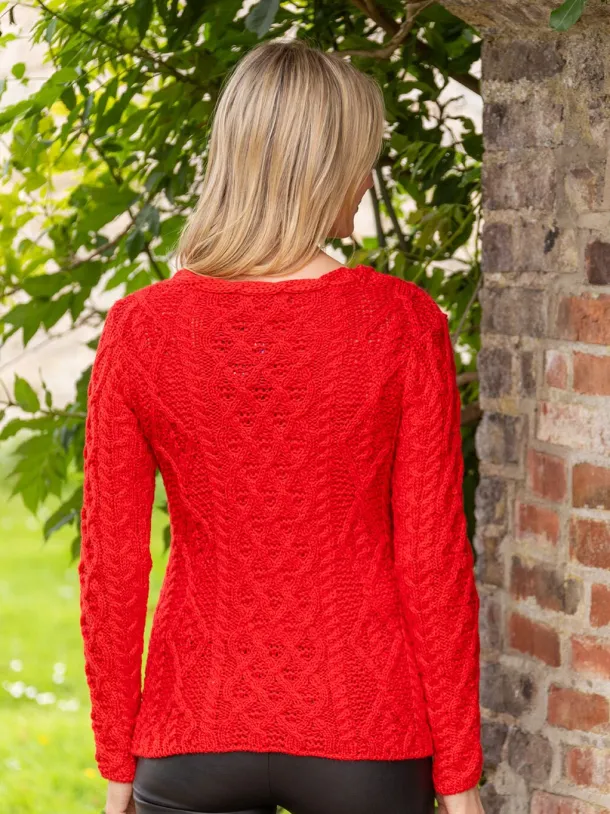 Lambay Lattice Cable Knit Aran Sweater Scarlet