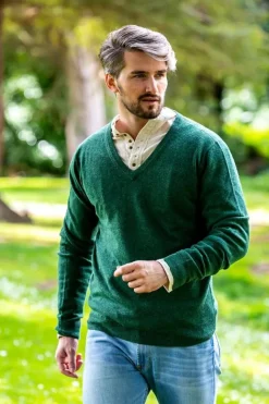 100% Lambswool V Neck Green Melange