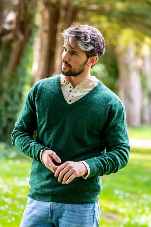 100% Lambswool V Neck Green Melange