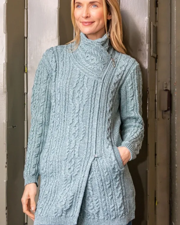 Long Side Zip Biker Jacket - 100% Merino Wool Aqua