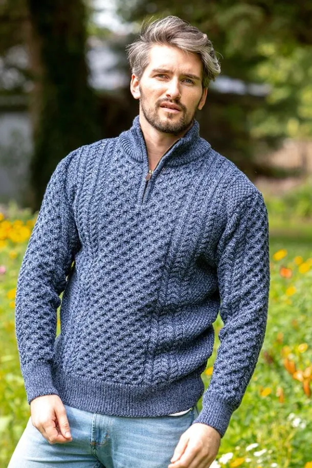 Mens Aran Half Zip Neck Sweater Denim Marl