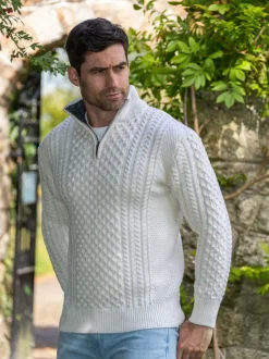 Mens Aran Half Zip Neck Sweater Natural