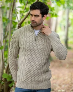 Mens Aran Half Zip Neck Sweater Beige