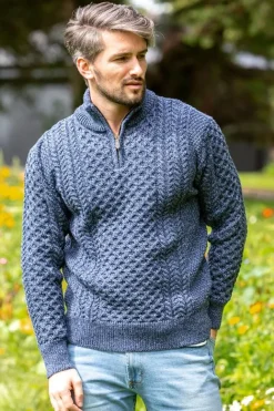 Mens Aran Half Zip Neck Sweater Denim Marl